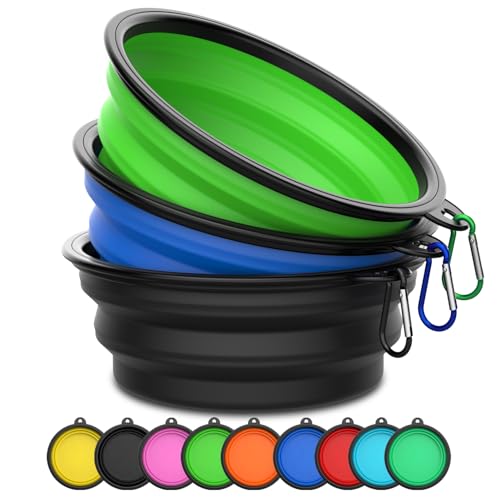 Takfox Faltbare Hundenäpfe [3er-Pack] 590 ml, Reise-Hundenapf, Haustiernapf, tragbar, faltbar, Wasserfutter, Futternapf mit Karabiner-Clip für Reisen, Wandern, Spazierengehen, Schwarz & Grün & Blau von Takfox