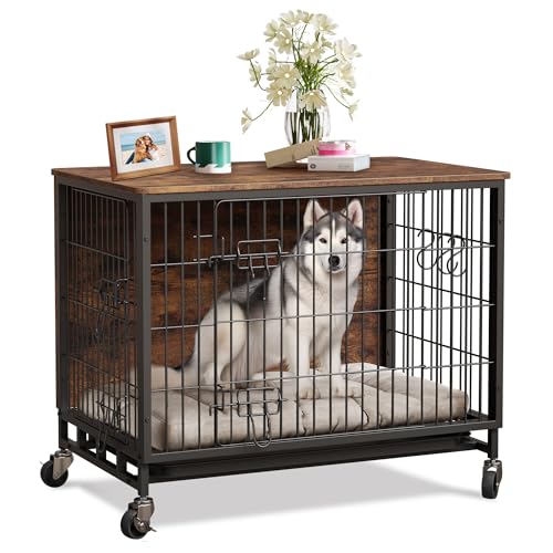 82,5 cm Hundekäfig Möbel - Zwinger Tisch mit Rollen, Rustikaler Haustierkäfig für mittelgroße Hunde, Braun & Schwarz 82,5 cm Hundekäfig Möbel - Zwinger Tisch mit Rollen, Rustikaler Haustierkäfig für mittelgroße Hunde, Braun & Schwarz von Takywep