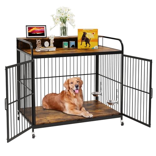 Kleine Hundekäfig-Möbel mit Türen, 81,3 cm B x 52,1 cm T x 54,6 cm H, dekorativer Holzhütten-Endtisch für Hunde, robuster Haustierkäfig für den Innenbereich mit verstellbaren Edelstahlnäpfen, Kleine Hundekäfig-Möbel mit Türen, 81,3 cm B x 52,1 cm T x 54,6 cm H, dekorativer Holzhütten-Endtisch für Hunde, robuster Haustierkäfig für den Innenbereich mit verstellbaren Edelstahlnäpfen, von Takywep