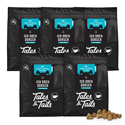 Tales & Tails - Hunde Leckerlis aus 100% isländischem Dorsch | Natürlich, Zuckerfrei, Getreidefrei, reich an Omega 3 | Kausnack Icebarks „Ich dreh Dorsch | 5 x 70g Tüten Hundesnack von Tales & Tails PAWESOME FOOD FOR PETS