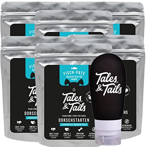 Tales & Tails® - Schlecktubenpaket I Futtertube für Hunde + 6X hochwertige Belohnung zur Befüllung I 6 x 300g Nassfutter I Monoprotein I 100% Dorsch von Tales & Tails PAWESOME FOOD FOR PETS