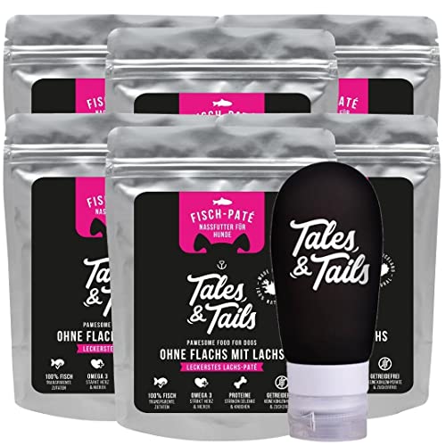 Tales & Tails® - Schlecktubenpaket I Futtertube für Hunde + 6X hochwertige Belohnung zur Befüllung I 6 x 300g Nassfutter I Monoprotein I 100% Lachs von Tales & Tails PAWESOME FOOD FOR PETS