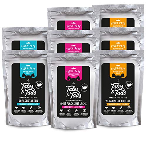 Tales & Tails Nassfutter für Hunde aus 100% isländischem Fisch | Perfekt für Allergiker Hunden | Getreidefreies Hundefutter | Probepaket mit 3 Sorten: Dorsch, Forelle, Lachs | 8x100g Tales & Tails Nassfutter für Hunde aus 100% isländischem Fisch | Perfekt für Allergiker Hunden | Getreidefreies Hundefutter | Probepaket mit 3 Sorten: Dorsch, Forelle, Lachs | 8x100g von Tales & Tails PAWESOME FOOD FOR PETS