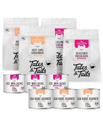 Tales&Tails Probierpaket für Katzen mit Alleinfutter Nassfutter und Leckerli - Allergikerfreundlich - für mäkelige Katzen - 4X Leckerli, 6X 200g Dosenfutter von Tales & Tails PAWESOME FOOD FOR PETS