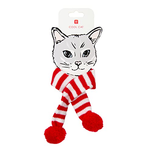 Talking Tables Weißer und roter Weihnachtsschal für Katzen Kleidung mit Pompons | Kostüm Haustier Bekleidung Zubehör für Weihnachtsgeschenke, Größe S - M von Talking Tables