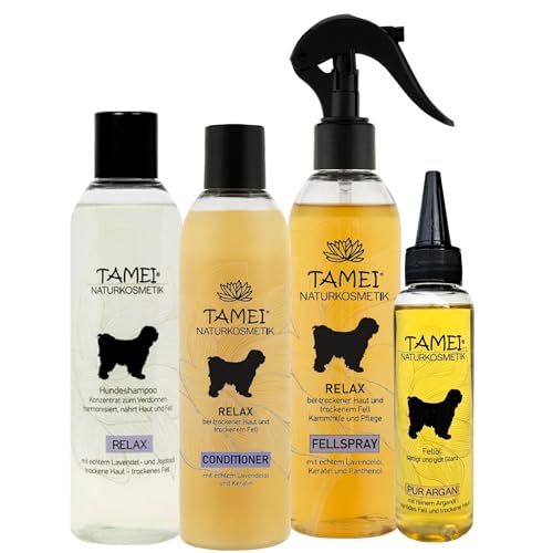 Tamei Naturkosmetik Relax 4er Set, Hundepflege mit Lavendelöl, je 250ml Shampoo, Conditioner, Fellspray und 100ml Fellöl, für Langhaar & Kurzhaar Tamei Naturkosmetik Relax 4er Set, Hundepflege mit Lavendelöl, je 250ml Shampoo, Conditioner, Fellspray und 100ml Fellöl, für Langhaar & Kurzhaar von Tamei