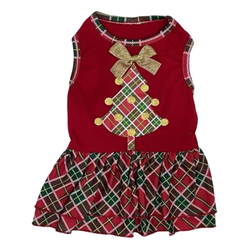 Tangpan Hundekleid mit Schleife, Weihnachtsbaum-Druck, Schottland, kariert, Rock, Welpenkleidung, Weihnachtsmannbekleidung, Größe L von Tangpan