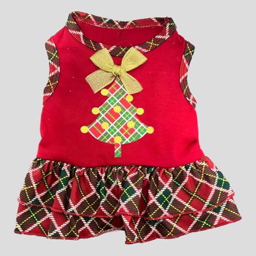 Tangpan Hundekleid mit Schleife, Weihnachtsbaum-Druck, Schottland, kariert, Rock, Welpenkleidung, Weihnachtsmannbekleidung, Größe S von Tangpan