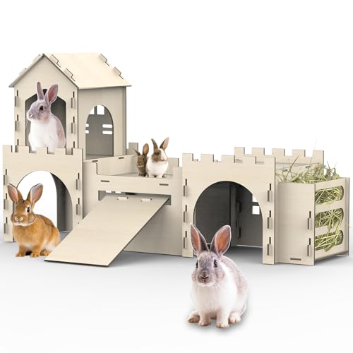 Großes Hasenhaus und Verstecke aus Holz, zweilagiges Kaninchenschloss mit Treppe, gummibandfreie Einrichtung - kaufest, stabiler Lebensraum für Meerschweinchen, Chinchilla, Frettchen (Kaninchenhaus von TankMatDecor