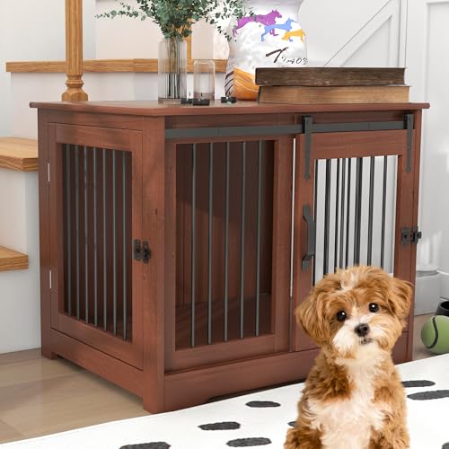 TAOHFE Massivholz Hundebox Möbel, Hundehütte Indoor für kleine Hunde mit 2 Arten Türen, Massivholz Kleine Hundekisten Bauernhaus-Stil, Hundehütte Möbel für Hunde zum Spielen & Ausruhen von TaoHFE