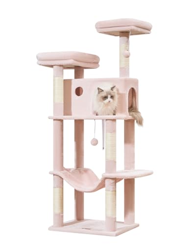 Taoqimiao 62,2 Zoll Katzenbaum für große Katzen, Plüsch Mehrstöckige Katzenhütte mit 5 Kratzstämmen, 2 Luxus-Sitzstangen, Höhle, Hängematte, 2 Pompons, Kratzbrett für Indoor-Katzen MS030P Jelly Pink Taoqimiao 62,2 Zoll Katzenbaum für große Katzen, Plüsch Mehrstöckige Katzenhütte mit 5 Kratzstämmen, 2 Luxus-Sitzstangen, Höhle, Hängematte, 2 Pompons, Kratzbrett für Indoor-Katzen MS030P Jelly Pink von Taoqimiao
