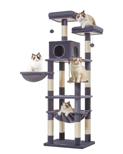 Taoqimiao 63.8 Inch Large Cat Tree for Large Cats, Plush Multi-Level Cat Condo with 9 Scratching Posts, 2 Perches, Cave, Hammock, 2 Pompoms, for Indoor Cats MS023G Smoky Gray von Taoqimiao