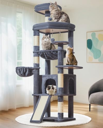 Taoqimiao 72 Zoll Kratzbaum für große Katzen, mehrstöckiger hoher Katzenturm, verbreiterte Katzenhütte mit großem Kratzbrett, 5 Kratzstämme, Metallhammhahn, gemütlicher Korb, Rauchgrau, MS045G von Taoqimiao