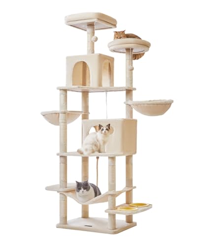 Taoqimiao 76 Zoll Katzenbaum Katzenturm für Indoor-Katzen, Plüsch Mehrstufige Katzenhaus mit 12 Kratzstämmen, 2 Sitzstangen, 2 Höhlen, Hängematte, 2 Pompons MS016M Beige von Taoqimiao