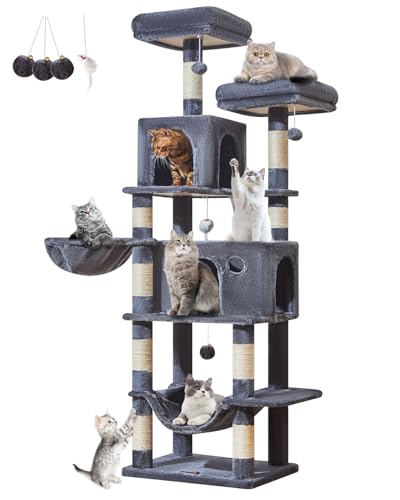 Taoqimiao Großer Kratzbaum, 180 cm, Katzenbaum mit 9 Kratzbäumen für Indoor-Katzen, 2 große Katzenhütten mit Hängematte, Hängekorb, 2 erweiterte Plattformen, Rauchgrau MS013XLG von Taoqimiao