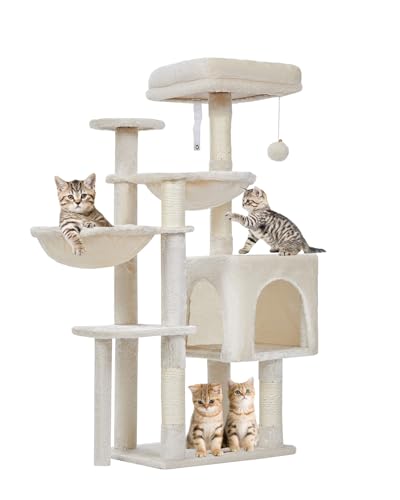 Taoqimiao Katzenbaum, 100 cm, Katzenturm für Hauskatzen, geeignet für Kätzchen, Plüsch-Katzenhaus mit 5 Kratzstämmen, Plüschsitzstange, 2 Hängematte, Pompons, MS019M Beige von Taoqimiao