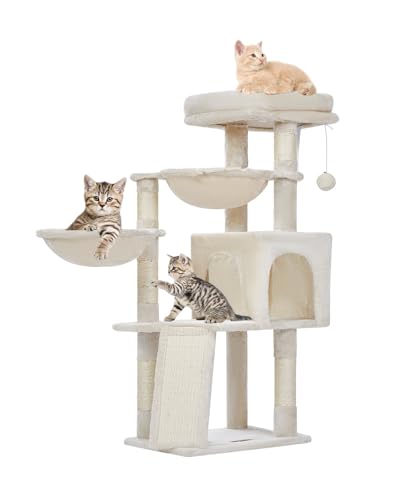 Taoqimiao Katzenbaum, 95 cm Katzenturm für Indoor-Katzen, geeignet für Kätzchen, Plüsch-Katzenhaus mit 5 Kratzstämmen, Plüschsitzstange, 2 Hängematten, Pompons, Kratzrampe, Beige von Taoqimiao