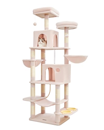 Taoqimiao Katzenbaum, Katzenturm für Indoor-Katzen, Plüsch-Katzenhaus mit mehreren Ebenen, mit 12 Kratzbäumen, 2 Sitzstangen, 2 Höhlen, Hängematte, 2 Pompons (XXL (118,5 x 46,1 x 190,9 cm), Jelly von Taoqimiao