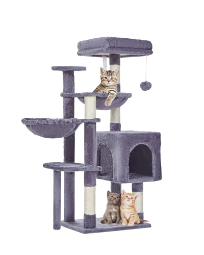 Taoqimiao MS019G Kratzbaum, Katzenturm für Indoor-Katzen, geeignet für Kätzchen, Plüsch-Katzenhaus mit 5 Kratzstämmen, Plüsch-Sitzstange, 2 Hängematte, Pompons, MS019G Rauchgrau von Taoqimiao