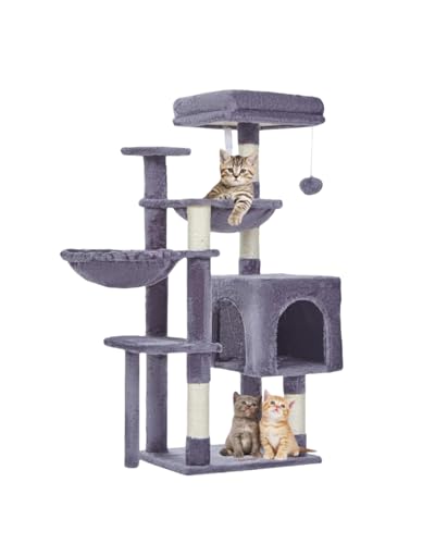 Taoqimiao MS019G Kratzbaum, Katzenturm für Indoor-Katzen, geeignet für Kätzchen, Plüsch-Katzenhaus mit 5 Kratzstämmen, Plüsch-Sitzstange, 2 Hängematte, Pompons, MS019G Rauchgrau von Taoqimiao