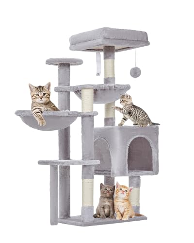 Taoqimiao Kratzbaum, 100 cm, für Hauskatzen, geeignet für Kätzchen, Plüsch-Katzenhaus mit 5 Kratzstämmen, Plüschsitzstange, 2 Hängematte, Pompons, MS019W, Hellgrau von Taoqimiao