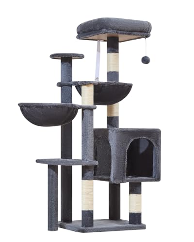 Taoqimiao Kratzbaum, 121,9 cm Katzenturm für Kätzchen, Katzenbaumturm mit 5 Kratzstämmen, Plüsch-Katzenhütte mit Plüschstange, 2 Hängematte, Pompons, Rauchgrau MS019L-G Taoqimiao Kratzbaum, 121,9 cm Katzenturm für Kätzchen, Katzenbaumturm mit 5 Kratzstämmen, Plüsch-Katzenhütte mit Plüschstange, 2 Hängematte, Pompons, Rauchgrau MS019L-G von Taoqimiao