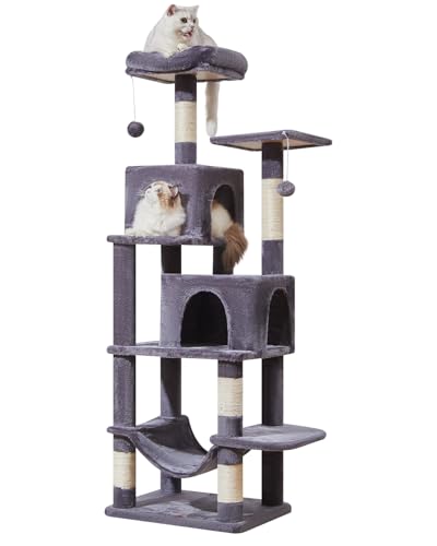 Taoqimiao Kratzbaum, 154 cm, Katzenturm für Indoor-Katzen, Plüsch-Katzenhütte mit 5 Kratzstämmen, 2 Sitzstangen, 2 Höhlen, Hängematte, 2 Pompons, Rauchgrau MS013SG Taoqimiao Kratzbaum, 154 cm, Katzenturm für Indoor-Katzen, Plüsch-Katzenhütte mit 5 Kratzstämmen, 2 Sitzstangen, 2 Höhlen, Hängematte, 2 Pompons, Rauchgrau MS013SG von Taoqimiao
