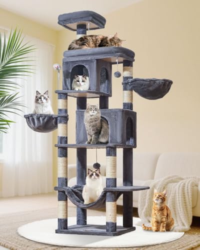 Taoqimiao Kratzbaum, 190 cm, Katzenturm für große Katzen, mehrstufige Katzenhütten für Indoor-Katzen mit 2 Höhlen, extra lange Plattform, 2 Hängekörbe, Hängematte, 8 Kratzstämme, MS044G Rauchgrau von Taoqimiao