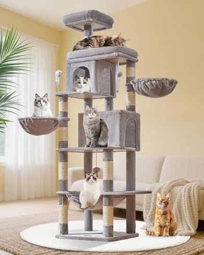 Taoqimiao Kratzbaum, 190 cm, Katzenturm für große Katzen, mehrstufige Katzenhütten für Indoor-Katzen mit 2 Höhlen, extra lange Plattform, 2 Hängekörbe, Hängematte, 8 Kratzstämme, MS044W, Hellgrau von Taoqimiao