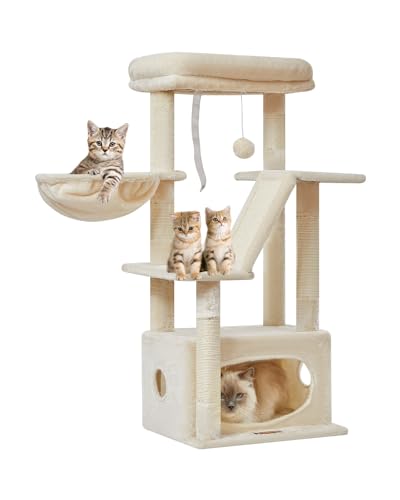 Taoqimiao Kratzbaum, 95 cm, Katzenturm für Indoor-Katzen, geeignet für Kätzchen mit luxuriöser Katzenhütte mit verstellbaren Körben und luxuriöser Sitzstange, Beige MS029SM von Taoqimiao