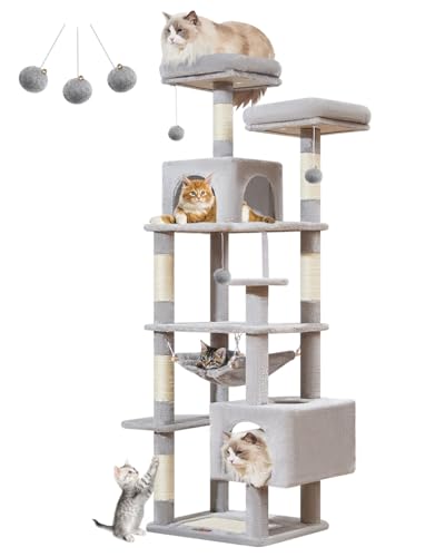 Taoqimiao Kratzbaum, Katzenbaum, Katzenbaum für Indoor-Katzen, Plüsch-Katzenhaus mit 6 Kratzstämmen, 2 Sitzstangen, 2 Höhlen, Hängematte, 3 Pompons, MS020SW Hellgrau Taoqimiao Kratzbaum, Katzenbaum, Katzenbaum für Indoor-Katzen, Plüsch-Katzenhaus mit 6 Kratzstämmen, 2 Sitzstangen, 2 Höhlen, Hängematte, 3 Pompons, MS020SW Hellgrau von Taoqimiao