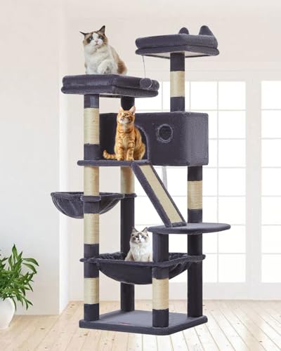 Taoqimiao Kratzbaum Groß MS026G, 146cm Katzen Kratzbaum Stabil Aktivitätskratzbäum Mehrstöckiger Katzenbaumr Katzenmöbel mit Katzenhaus, Hängematte, Korb, 8 Kratzsäulen, Katzenkratztafel, Dunkelgrau von Taoqimiao