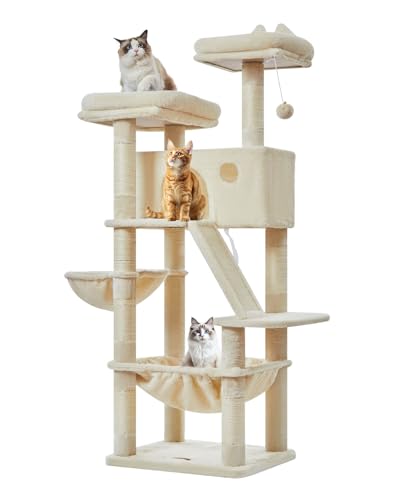 Taoqimiao Kratzbaum Groß MS026M, 146cm Katzen Kratzbaum Stabil Aktivitätskratzbäum Mehrstöckiger Katzenbaumr Katzenmöbel mit Katzenhaus, Hängematte, Korb, 8 Kratzsäulen, Katzenkratztafel, Beige MS026M von Taoqimiao