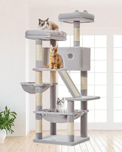 Taoqimiao Kratzbaum Groß MS026W, 146cm Katzen Kratzbaum Stabil Aktivitätskratzbäum Mehrstöckiger Katzenbaumr Katzenmöbel mit Katzenhaus, Hängematte, Korb, 8 Kratzsäulen, Katzenkratztafel, Hellgrau von Taoqimiao