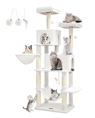 Taoqimiao Kratzbaum Groß XXL MS013C，170cm Katzen Kratzbaum Stabil Aktivitätskratzbäum Mehrstöckiger Katzenbaumr Katzenmöbel mit Katzenhaus, Hängematte, Korb, 8 Kratzsäulen, Plüschbälle, Cremeweiß von Taoqimiao