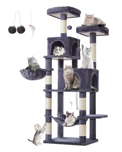 Taoqimiao Kratzbaum Groß XXL MS013G，170cm Katzen Kratzbaum Stabil Aktivitätskratzbäum Mehrstöckiger Katzenbaumr Katzenmöbel mit Katzenhaus, Hängematte, Korb, 8 Kratzsäulen, Plüschbälle, Rauchgrau von Taoqimiao