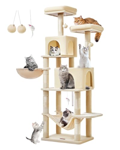 Taoqimiao Kratzbaum Groß XXL MS013M，170cm Katzen Kratzbaum Stabil Aktivitätskratzbäum Mehrstöckiger Katzenbaumr Katzenmöbel mit Katzenhaus, Hängematte, Korb, 8 Kratzsäulen, Plüschbälle, Beige von Taoqimiao