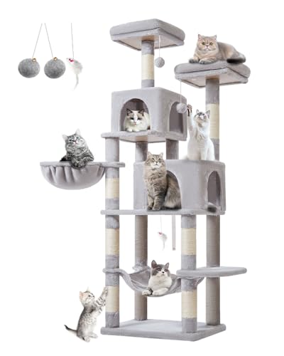 Taoqimiao Kratzbaum Groß XXL MS013W，170cm Katzen Kratzbaum Stabil Aktivitätskratzbäum Mehrstöckiger Katzenbaumr Katzenmöbel mit Katzenhaus, Hängematte, Korb, 8 Kratzsäulen, Plüschbälle, Hellgrau von Taoqimiao