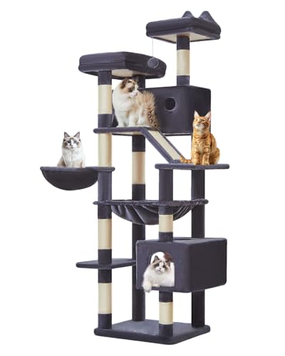Taoqimiao Kratzbaum Groß XXL MS026LG, 180CM Katzen Kratzbaum Stabil Aktivitätskratzbäum Mehrstöckiger Katzenbaumr Katzenmöbel mit 2 Katzenhaus, Hängematte, Korb, 8 Kratzsäulen, Rauchgrau von Taoqimiao
