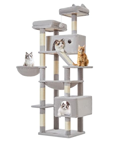 Taoqimiao Kratzbaum Groß XXL MS026LW, 180cm Katzen Kratzbaum Stabil Aktivitätskratzbäum Mehrstöckiger Katzenbaumr Katzenmöbel mit 2 Katzenhaus, Hängematte, Korb, 8 Kratzsäulen，Hellgrau von Taoqimiao