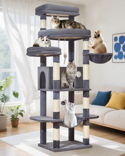 Taoqimiao Kratzbaum Groß XXL MS034G，180cm Katzen Kratzbaum Stabil Aktivitätskratzbäum Mehrstöckiger Katzenbaumr Katzenmöbel mit Katzenhaus, Hängematte, Korb, 9 Kratzsäulen, Plüschbälle, Dunkelgrau von Taoqimiao