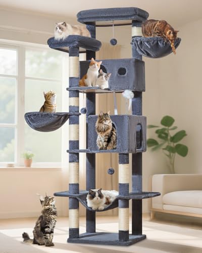 Taoqimiao Kratzbaum MS046G Katzenbaum für große Katzen, mehrstöckige große Katzenhütten für Indoor-Katzen mit 2 Höhlen, geräumige Plattform, 2 Hängekörbe, Hängematte, 8 Kratzstämme, MS046G, Rauchgrau von Taoqimiao