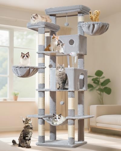 Taoqimiao Kratzbaum MS046W, Katzenturm für große Katzen, mehrstöckige große Katzenhütten für Indoor-Katzen mit 2 Höhlen, geräumige Plattform, 2 Hängekörbe, Hängematte, 8 Kratzstämme MS046W, Hellgrau von Taoqimiao
