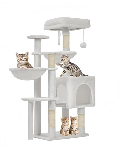 Taoqimiao MS019C Kratzbaum, Katzenturm für Indoor-Katzen, geeignet für Kätzchen, Plüsch-Katzenhaus mit 5 Kratzstämmen, Plüsch-Sitzstange, 2 Hängematte, Pompons, MS019C, Cremeweiß von Taoqimiao