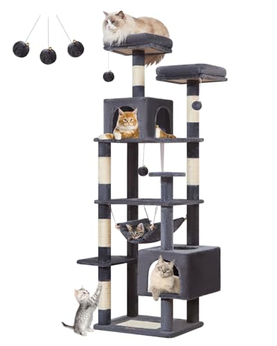 Taoqimiao MS020SG Kratzbaum, Katzenbaum für Indoor-Katzen, Plüsch-Katzenhaus mit 6 Kratzstämmen, 2 Sitzstangen, 2 Höhlen, Hängematte, 3 Pompons, MS020SG Rauchgrau Taoqimiao MS020SG Kratzbaum, Katzenbaum für Indoor-Katzen, Plüsch-Katzenhaus mit 6 Kratzstämmen, 2 Sitzstangen, 2 Höhlen, Hängematte, 3 Pompons, MS020SG Rauchgrau von Taoqimiao