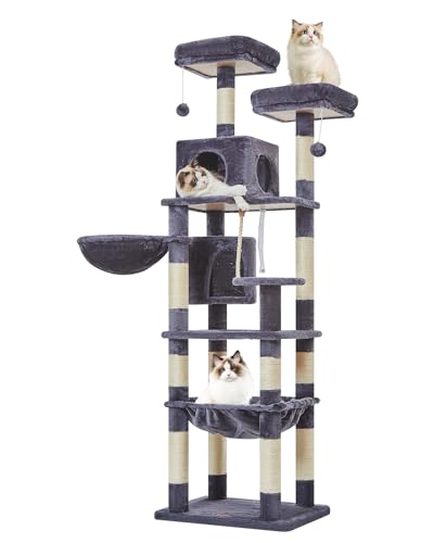 Taoqimiao MS023LG Großer Kratzbaum für große Katzen, Plüsch-Katzenhaus mit mehreren Ebenen, 12 Kratzstämmen, 2 Sitzstangen, 2 Höhlen, Hängematte, 2 Pompons, Kratzbrett für Indoor-Katzen, 180 cm, von Taoqimiao