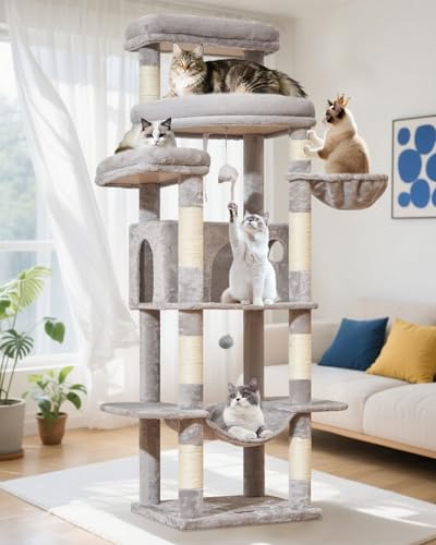 Taoqimiao MS034W Kratzbaum für große Katzen 9.1 kg+, 3 riesige Sitzstangen, mehrstufiger Katzenbaumturm, verbreiterte Katzenhütte mit 9 Kratzstämmen, luxuriöser Hammhahn & Korb, Hellgrau, 180 cm Taoqimiao MS034W Kratzbaum für große Katzen 9.1 kg+, 3 riesige Sitzstangen, mehrstufiger Katzenbaumturm, verbreiterte Katzenhütte mit 9 Kratzstämmen, luxuriöser Hammhahn & Korb, Hellgrau, 180 cm von Taoqimiao