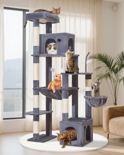 Taoqimiao MS037G Kratzbaum für Indoor-Katzen, großer Erwachsener, mehrstufiger hoher Katzenturm, 2 Katzenhütte mit 6 Kratzbäumen, super großer Hammhahn, Katzenspielzeug, gemütlicher Korb, Rauchgrau von Taoqimiao