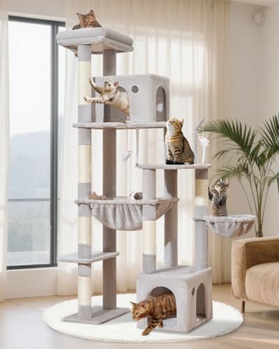 Taoqimiao MS037W Kratzbaum für Indoor-Katzen, großer Erwachsener, mehrstöckiger hoher Katzenturm, 2 Katzenhütte mit 6 Kratzbäumen, super großer Hammhahn, Katzenspielzeug, gemütlicher Korb, Hellgrau von Taoqimiao