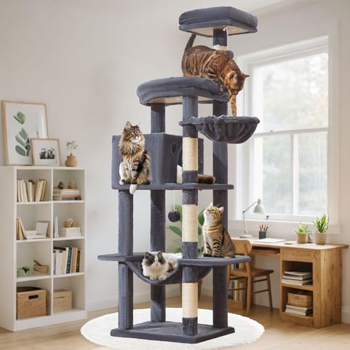 Taoqimiao MS042G Kratzbaum, 167,6 cm, großer Katzenturm mit Kratzstämmen, luxuriöse große Plattform für große Katzen mit weicher Hängematte, verstellbarer Korb, Deluxe-Cat Cando, Sitzstange oben von Taoqimiao